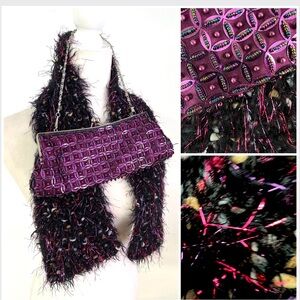 Duo scarf+handbag: embellished evening bag sequin & pearl + scarf - purple